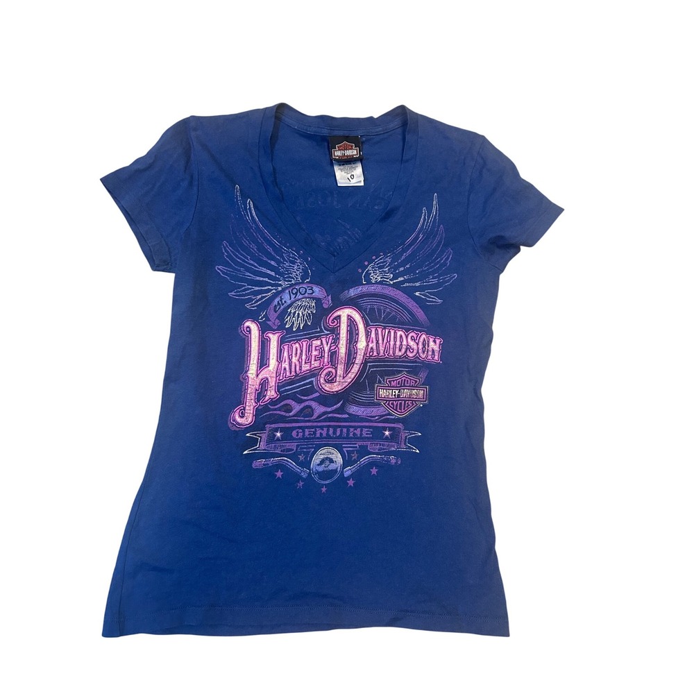 Harley-Davidson San Jose California Blue V-Neck Graphic T-Shirt Womens Small